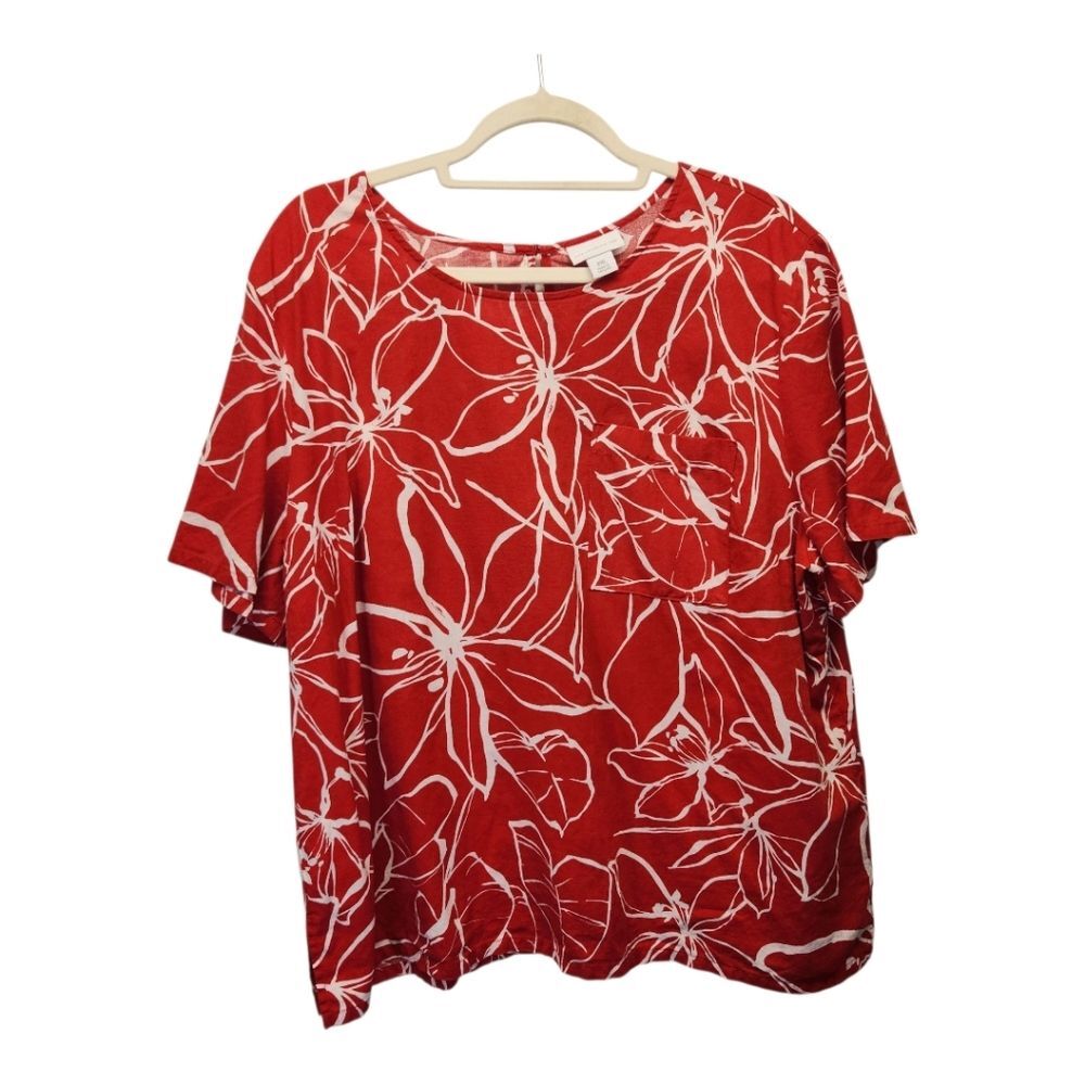 Liz Claiborne Linen Cotton Red White Graphic Floral S/S Top XXL